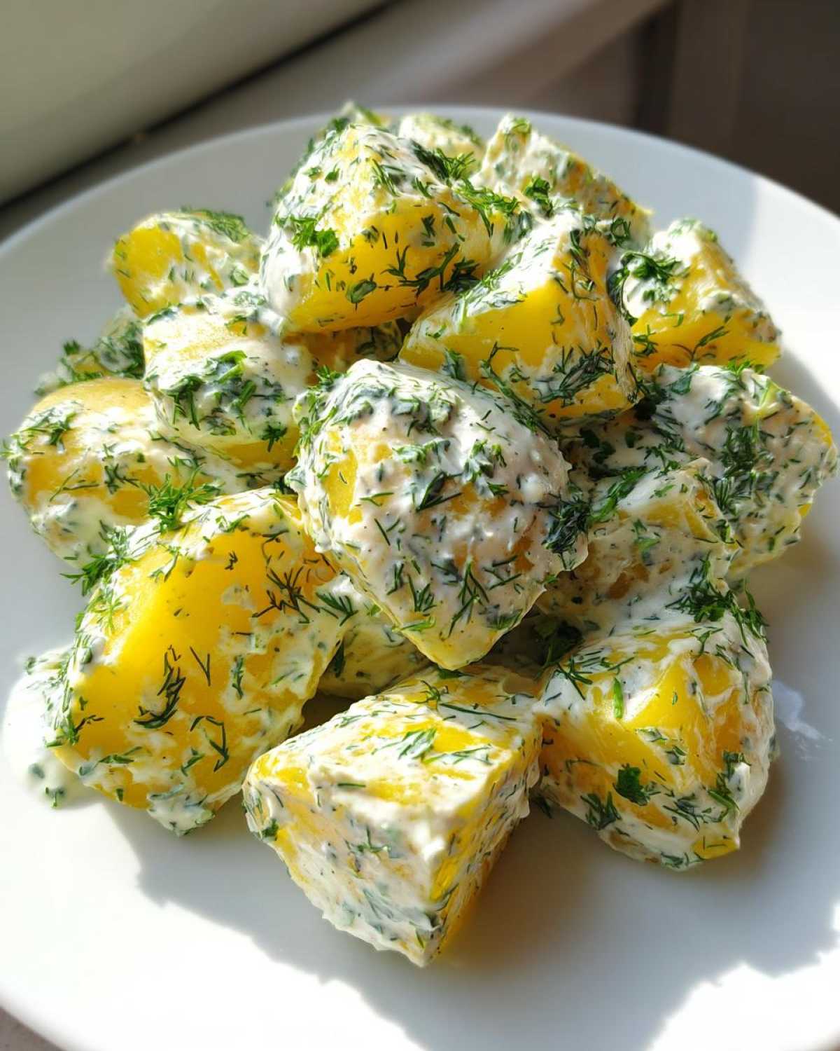 Close-up of bright yellow potato chunks coated in a creamy white dressing heavily mixed with fresh dill, served on a white plate.