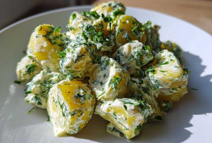 Close-up of bright yellow potatoes coated in a creamy dressing and fresh dill, showcasing the Creamy Dill Potato Salad.