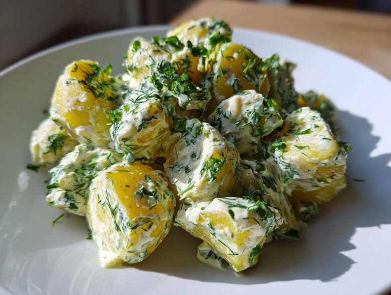 Close-up of bright yellow potatoes coated in a creamy dressing and fresh dill, showcasing the Creamy Dill Potato Salad.
