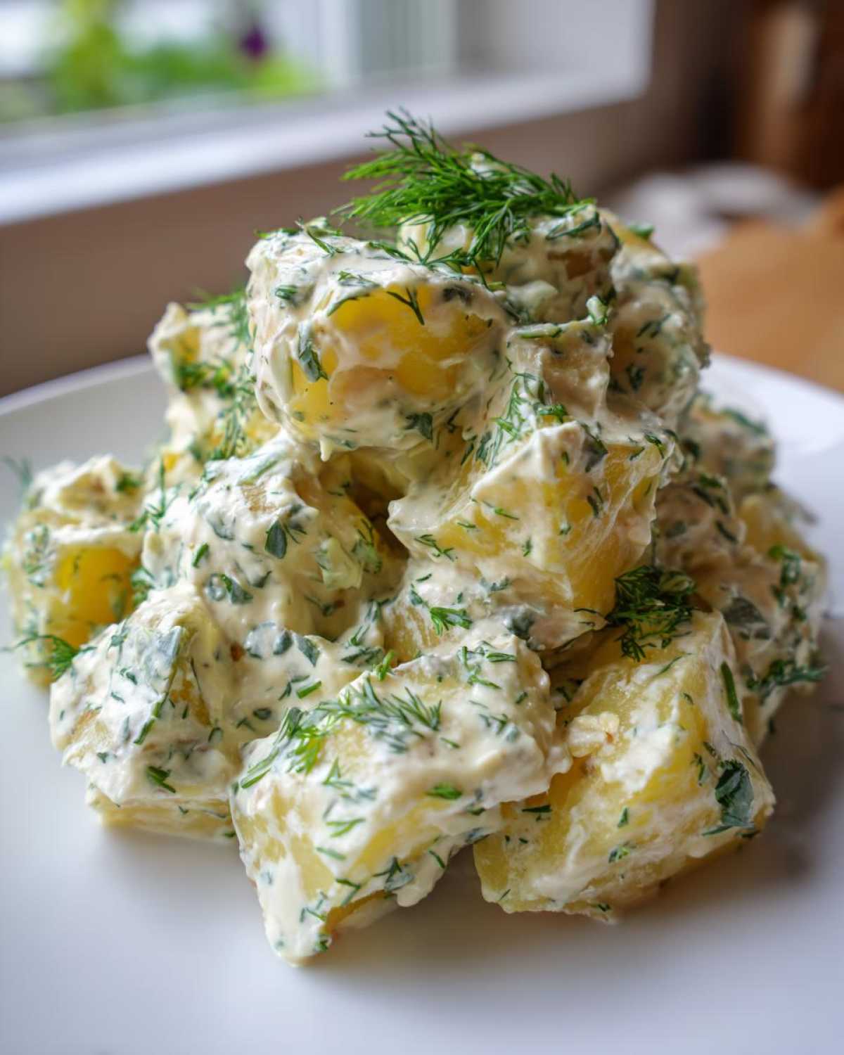 A close-up mound of Creamy Dill Potato Salad featuring chunks of yellow potato coated in a rich, creamy dressing and heavily garnished with fresh dill.