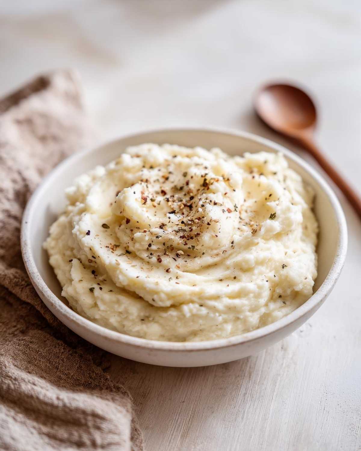 A bowl filled with fluffy Creamy Garlic Mashed Cauliflower, topped with cracked black pepper and herbs.