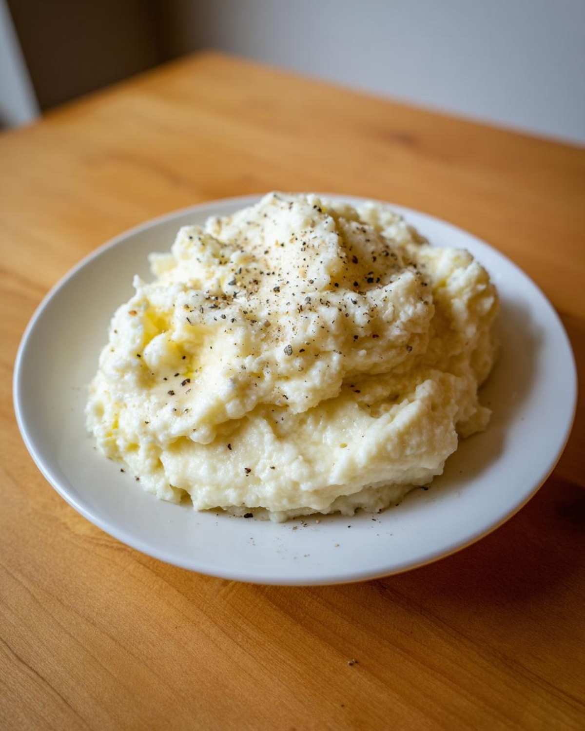 A white bowl filled with fluffy Creamy Garlic Mashed Cauliflower, topped with cracked black pepper.