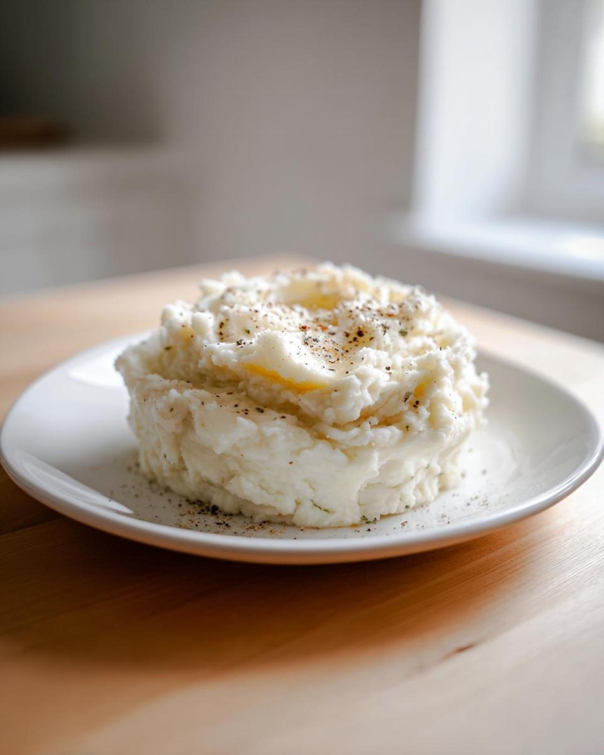 A mound of fluffy Creamy Garlic Mashed Cauliflower topped with cracked black pepper on a white plate.