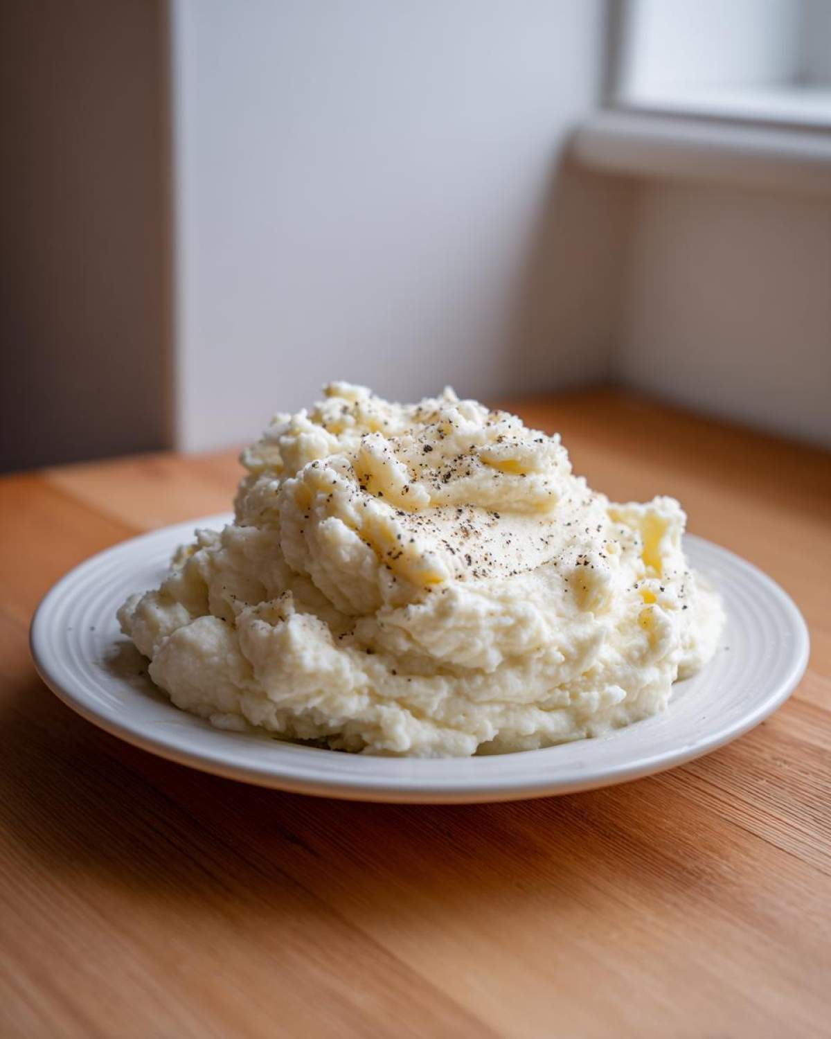 A generous serving of fluffy Creamy Garlic Mashed Cauliflower topped with freshly ground black pepper on a white plate.