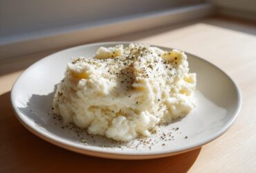 A mound of fluffy Creamy Garlic Mashed Cauliflower topped with cracked black pepper and herbs on a white plate.