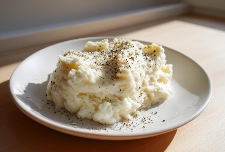 A mound of fluffy Creamy Garlic Mashed Cauliflower topped with cracked black pepper and herbs on a white plate.