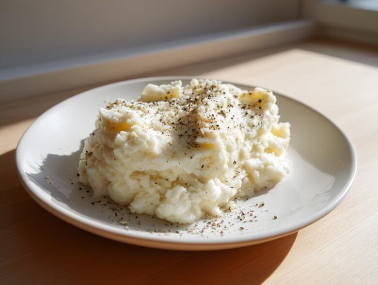 A mound of fluffy Creamy Garlic Mashed Cauliflower topped with cracked black pepper and herbs on a white plate.