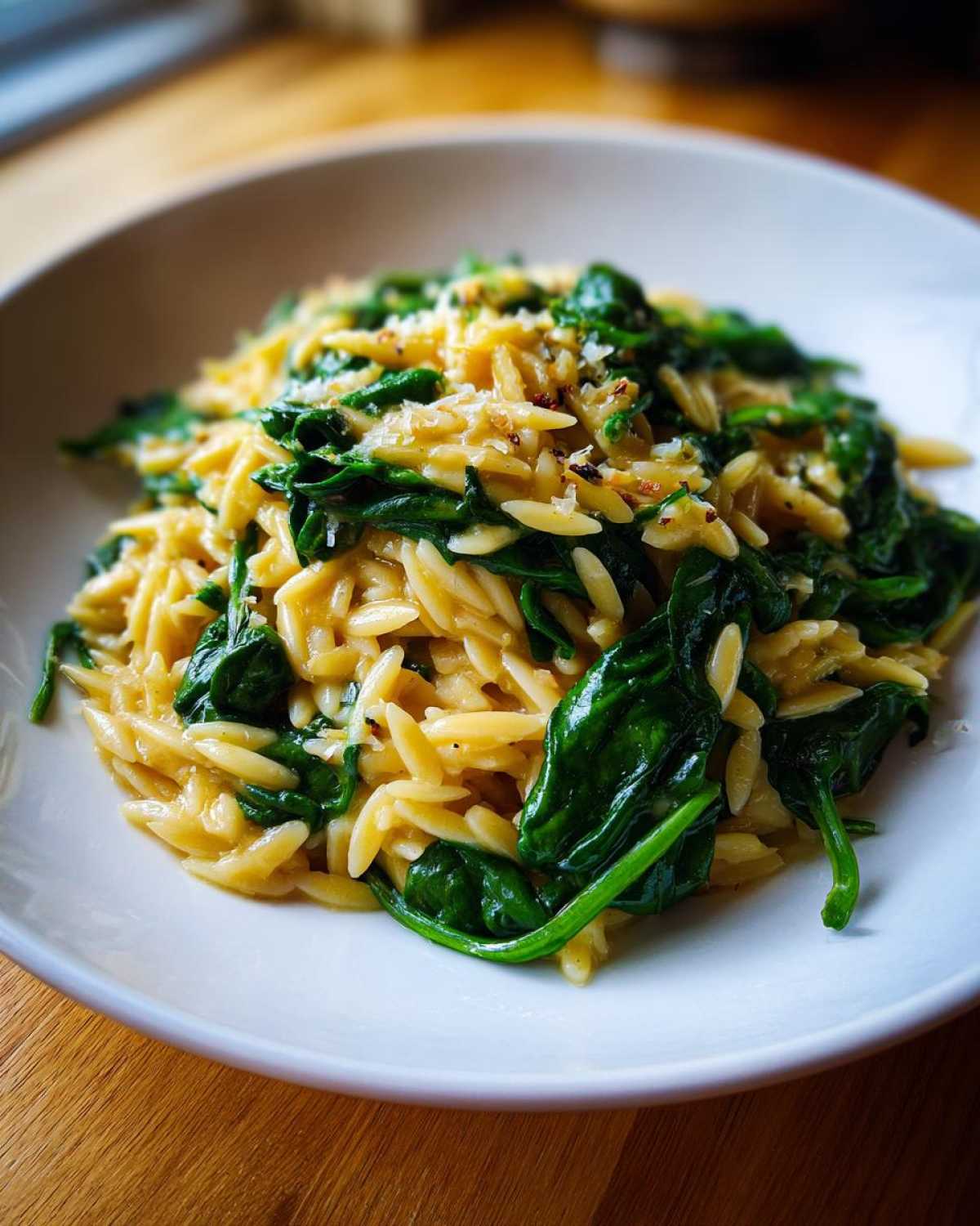 A bowl of Creamy Garlic Parmesan Orzo with Spinach, topped with grated cheese.