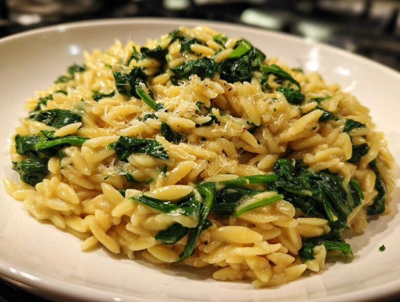A close-up of a bowl of Creamy Garlic Parmesan Orzo with Spinach, topped with grated cheese.