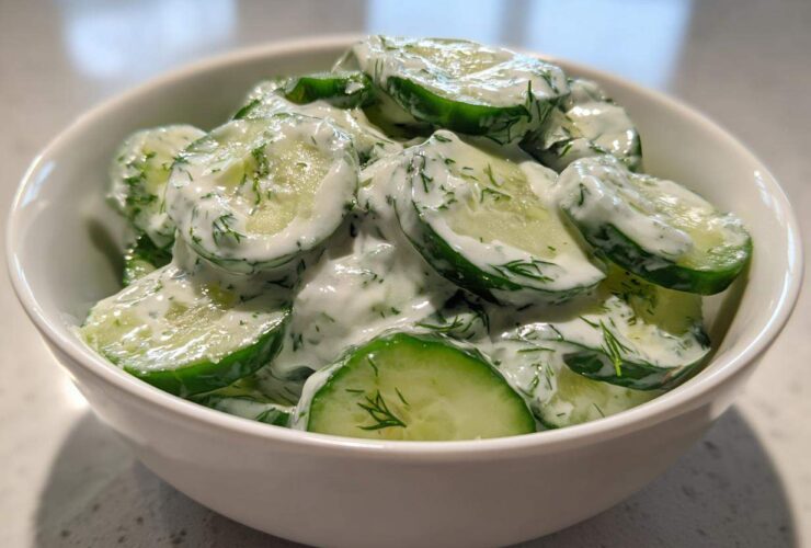Close-up of sliced cucumbers coated in a creamy white dressing with fresh dill, representing Creamy German Cucumber Salad.