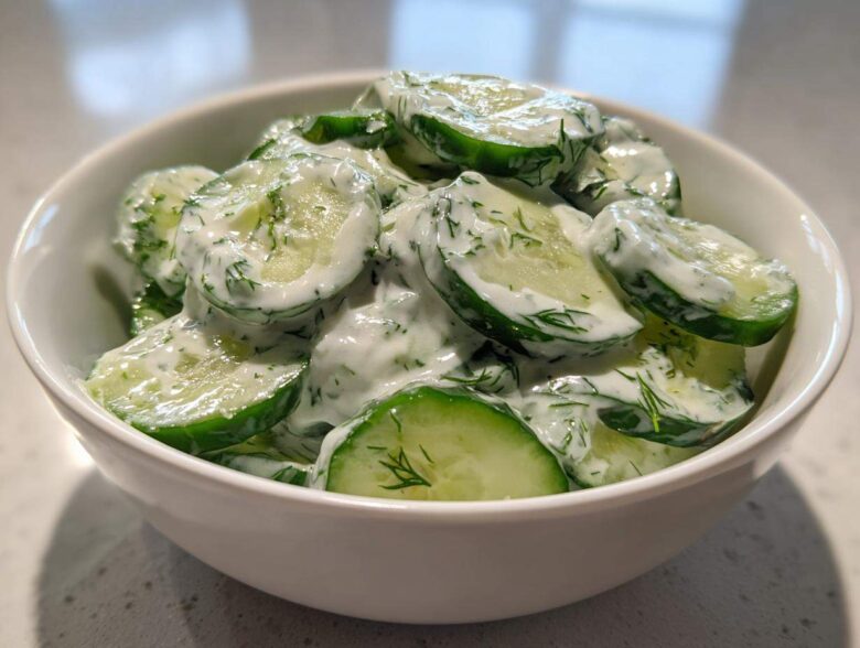 Close-up of sliced cucumbers coated in a creamy white dressing with fresh dill, representing Creamy German Cucumber Salad.