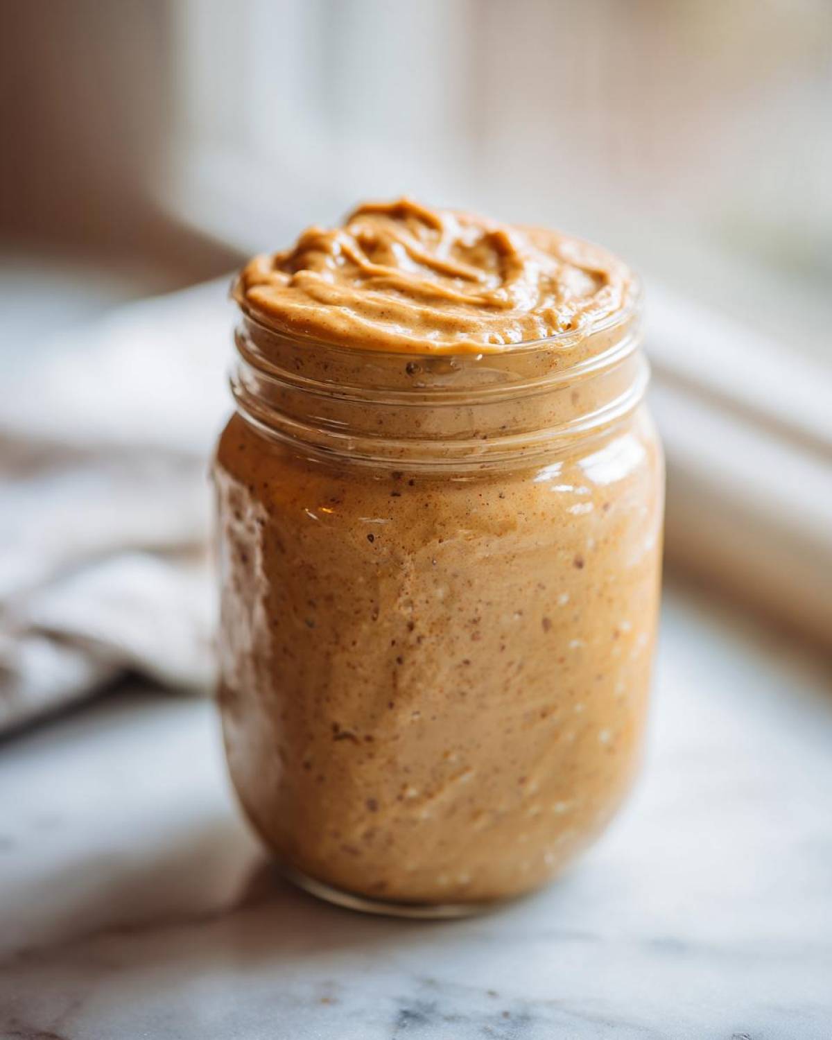 Close-up of creamy High-Protein Peanut Butter Overnight Oats filling a glass jar, topped with a swirl.
