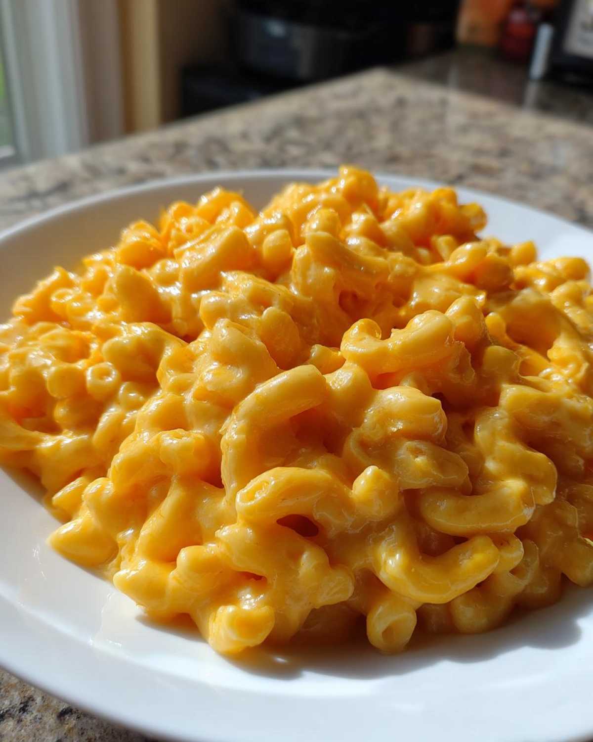 A close-up view of creamy, bright orange Instant Pot Mac and Cheese served in a white bowl.