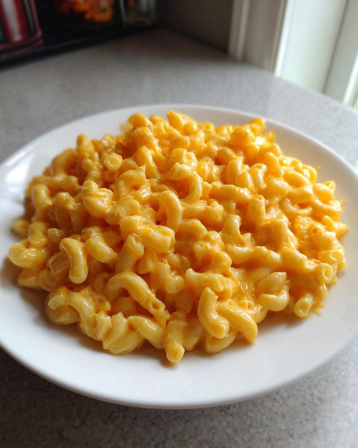 A close-up of a generous serving of creamy, bright orange Instant Pot Mac and Cheese on a white plate.