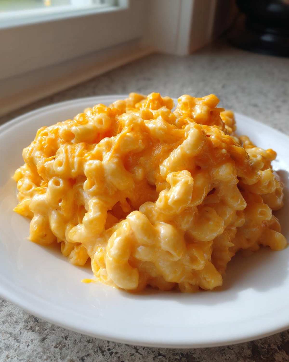 A close-up of creamy, cheesy Instant Pot Mac and Cheese served on a white plate near a window.