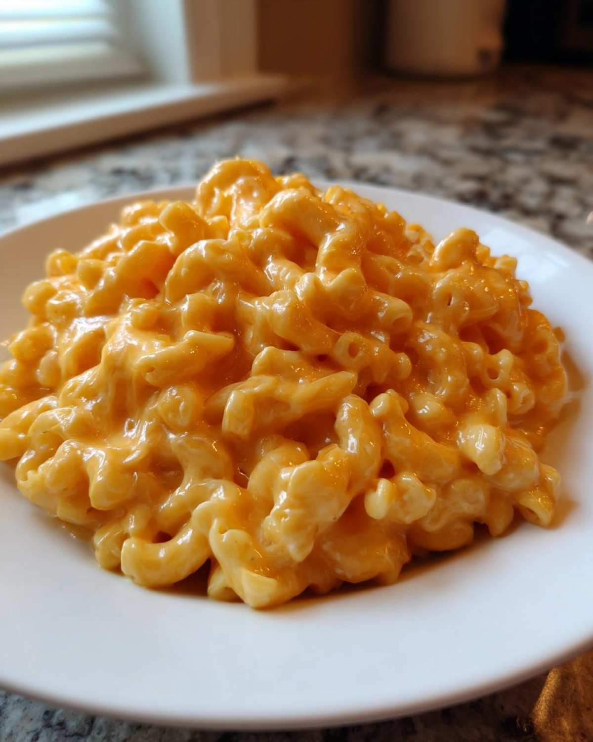 Close-up of a serving of creamy, cheesy Instant Pot Mac and Cheese piled high on a white plate.