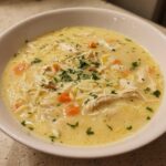 A close-up of a white bowl filled with Creamy Lemon Chicken Orzo Soup, featuring shredded chicken, carrots, and parsley.