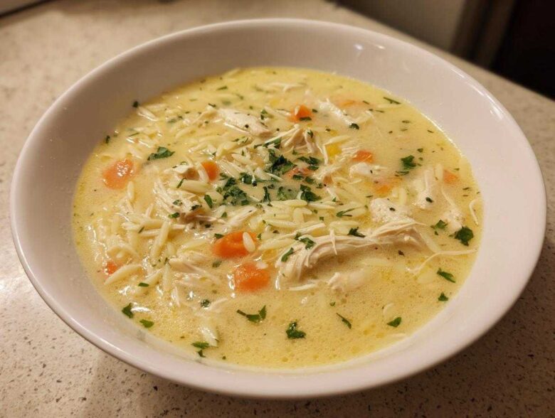 A close-up of a white bowl filled with Creamy Lemon Chicken Orzo Soup, featuring shredded chicken, carrots, and parsley.