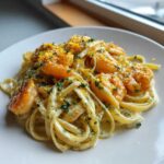 Close-up of Creamy Lemon Garlic Shrimp Pasta featuring fettuccine noodles, plump shrimp, and a bright lemon zest garnish.