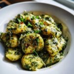 A close-up, appetizing shot of tender gnocchi coated in vibrant green creamy pesto sauce, served in a white bowl.