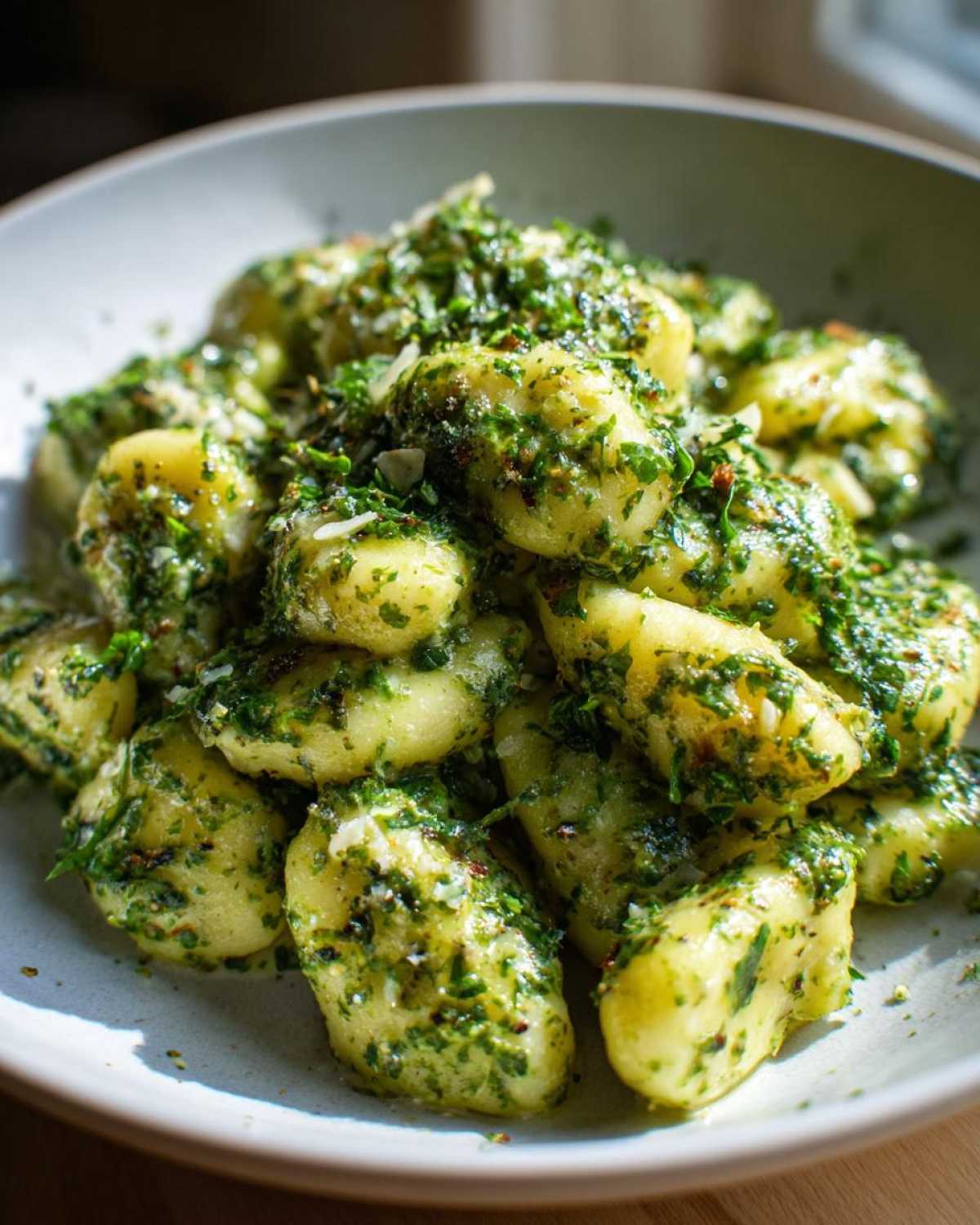A close-up shot of soft gnocchi tossed generously in vibrant green pesto sauce, served in a light-colored bowl. This is Creamy Pesto Gnocchi.