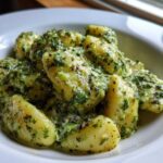 Close-up of fluffy potato gnocchi coated in a vibrant, creamy pesto sauce served in a white bowl.