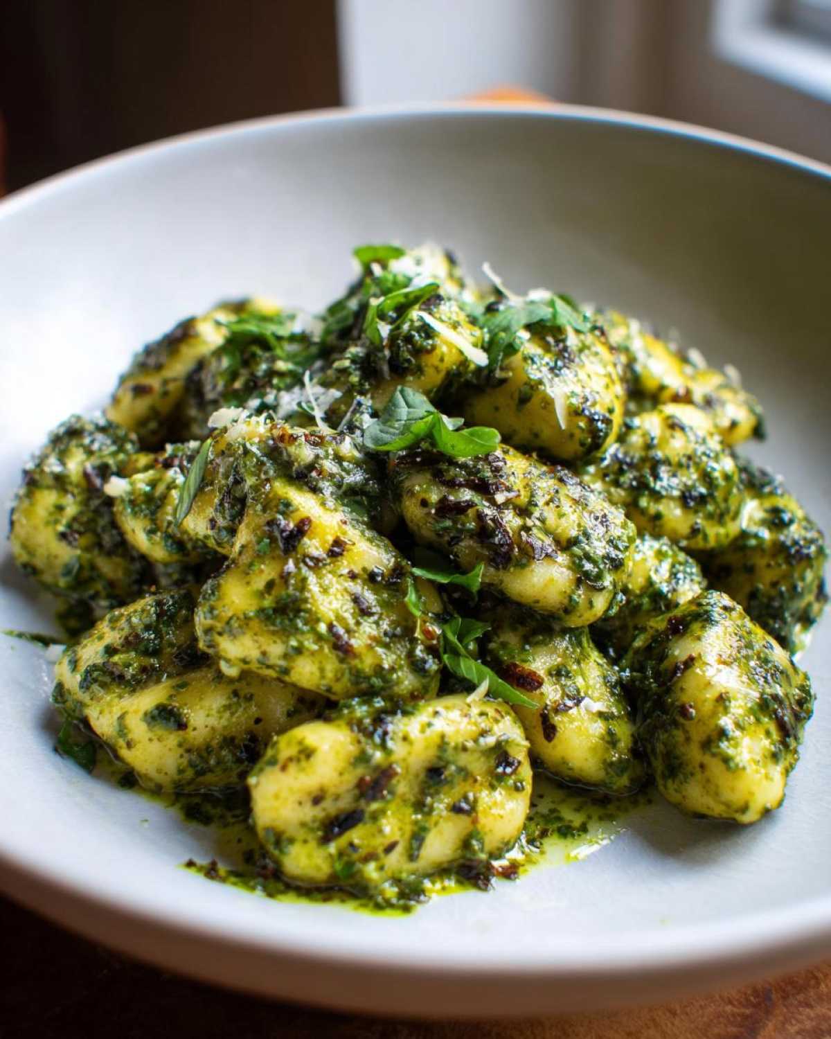 A close-up serving of tender gnocchi coated in vibrant green pesto sauce, garnished with fresh basil and Parmesan cheese.