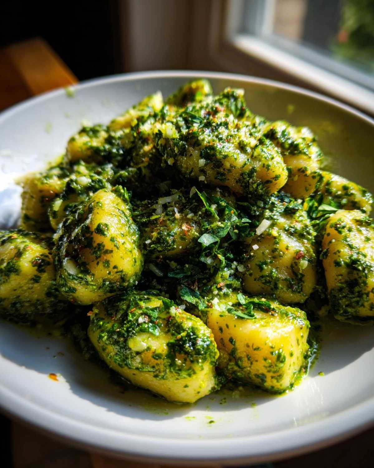Close-up of plump potato gnocchi generously coated in vibrant green pesto sauce, ready to eat for Creamy Pesto Gnocchi.