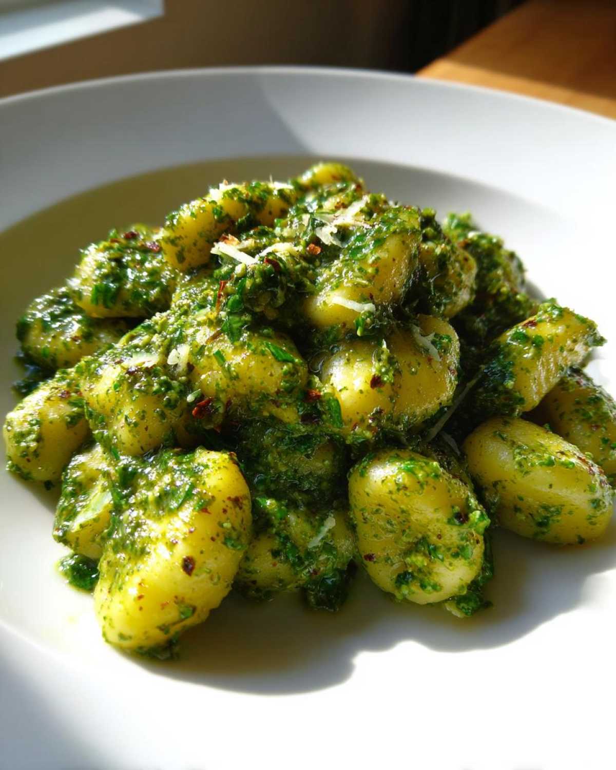 A close-up shot of soft potato gnocchi coated generously in vibrant green pesto sauce, sprinkled with Parmesan cheese, representing Creamy Pesto Gnocchi.