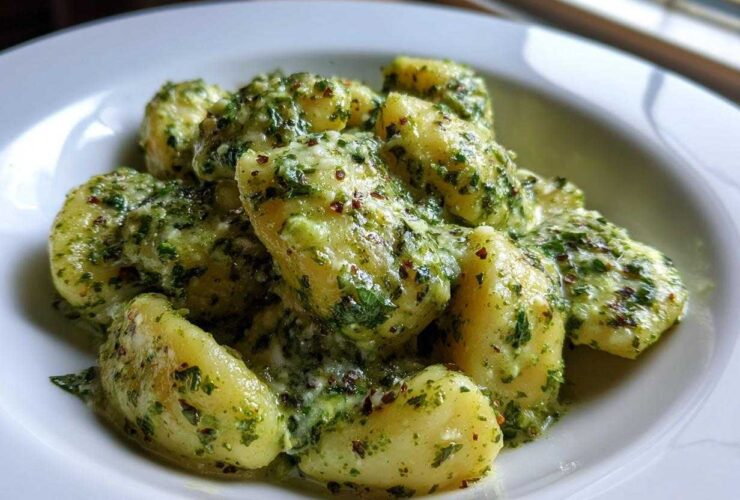 Close-up of fluffy potato gnocchi coated in a vibrant, creamy pesto sauce served in a white bowl.