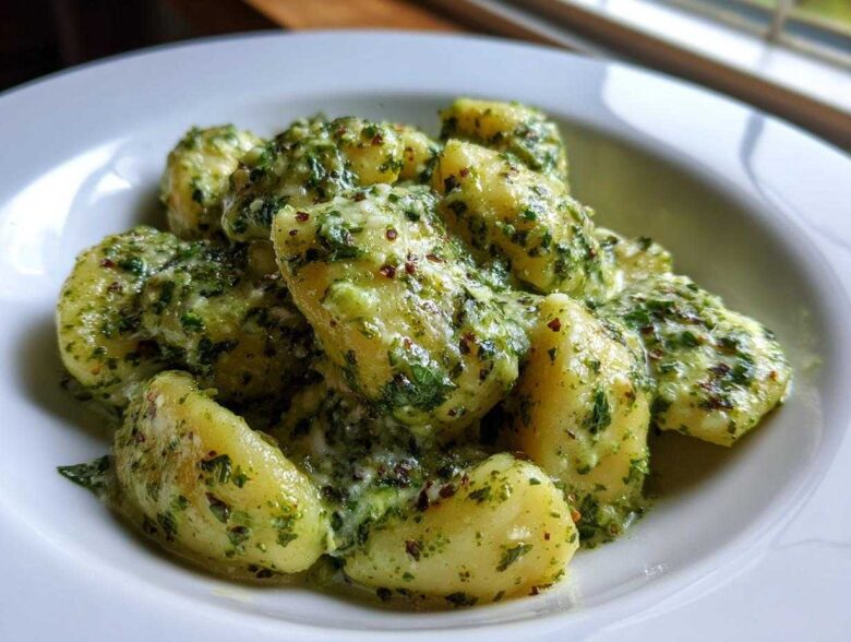 Close-up of fluffy potato gnocchi coated in a vibrant, creamy pesto sauce served in a white bowl.