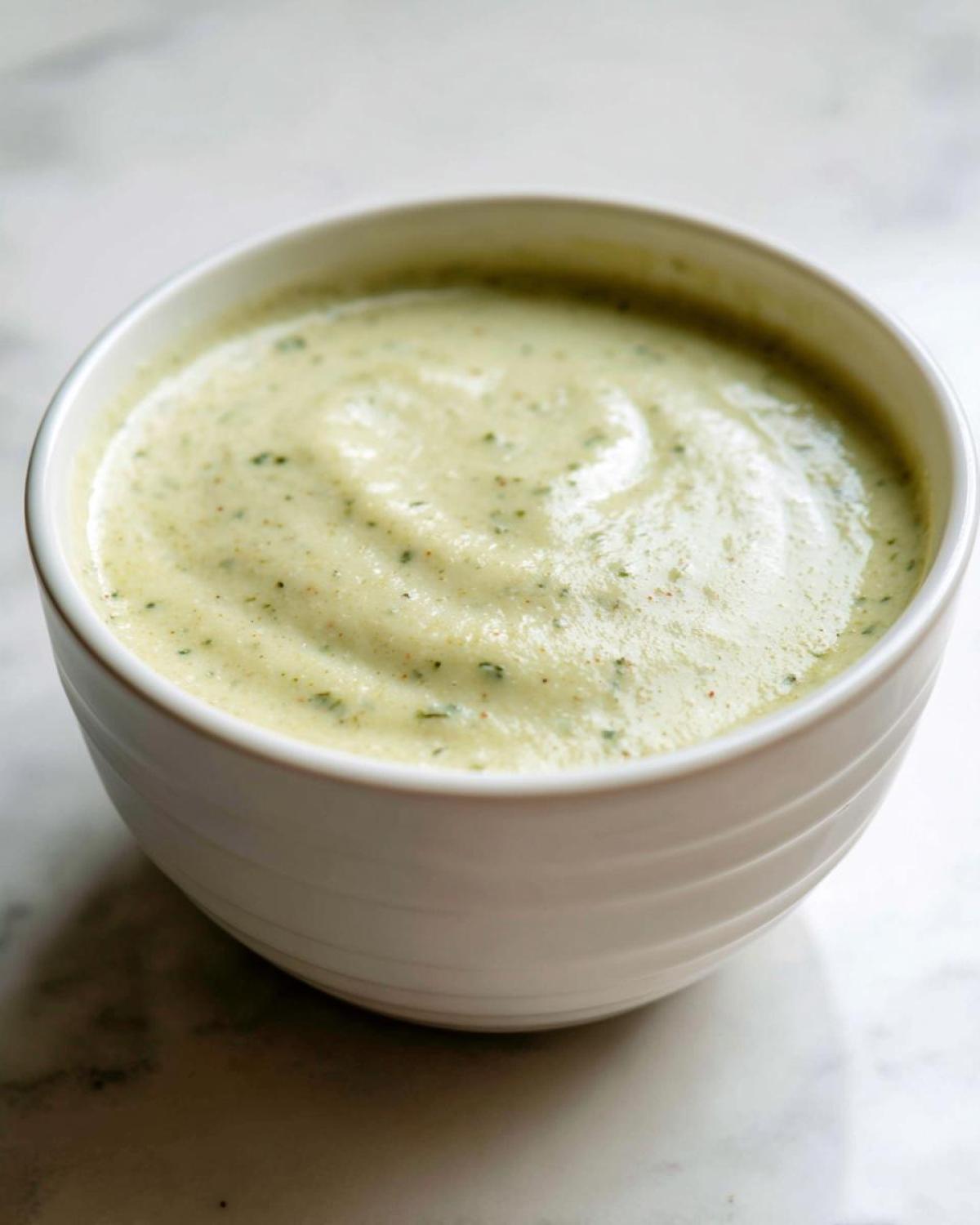 A close-up of a white bowl filled with smooth, light green Creamy Potato Leek Soup, garnished with herbs.