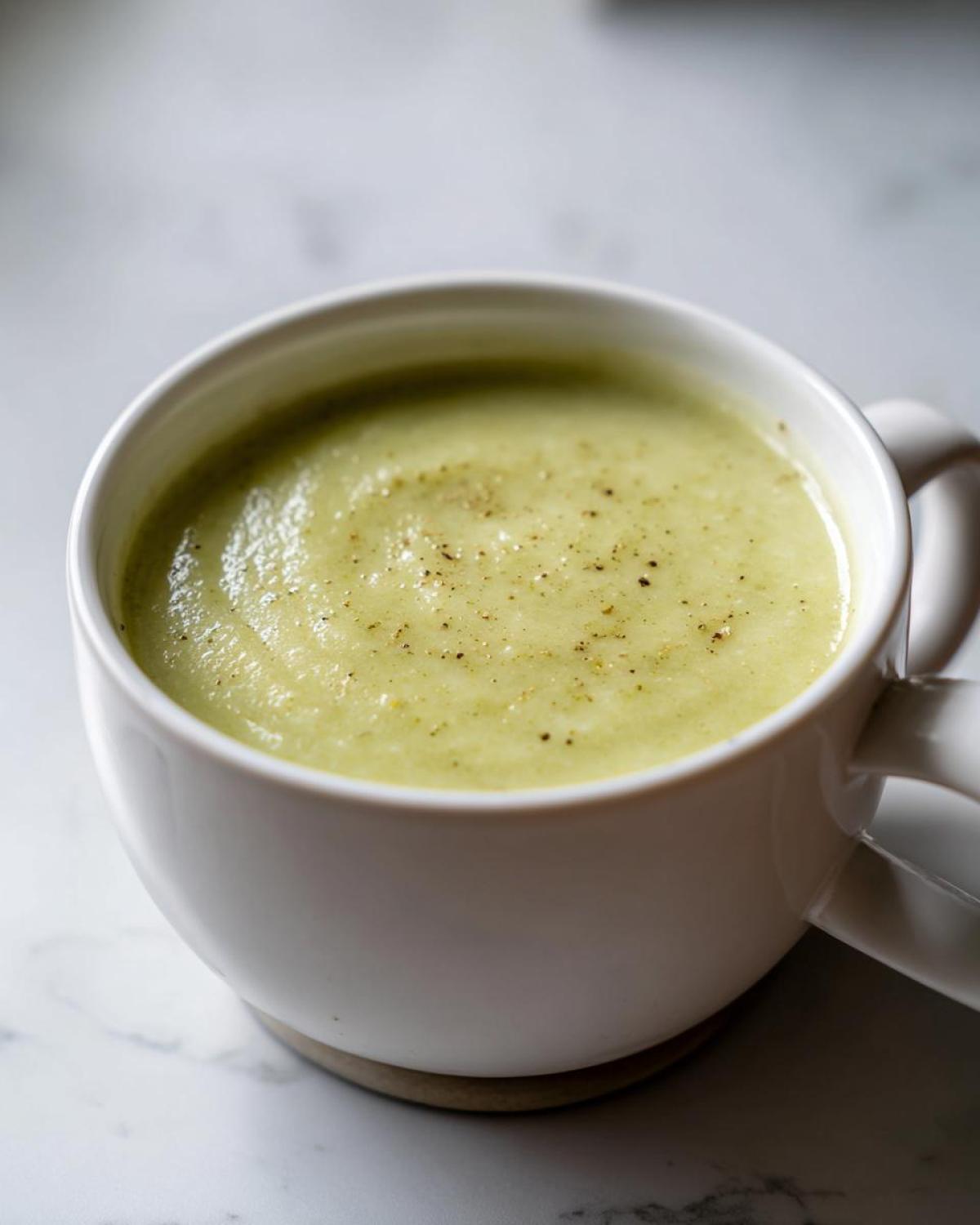 Close-up of a white mug filled with light green Creamy Potato Leek Soup, topped with cracked black pepper.