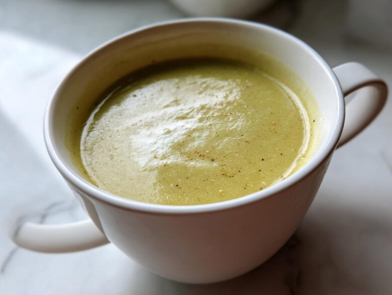 Close-up of a white mug filled with smooth, pale green Creamy Potato Leek Soup, lightly seasoned.