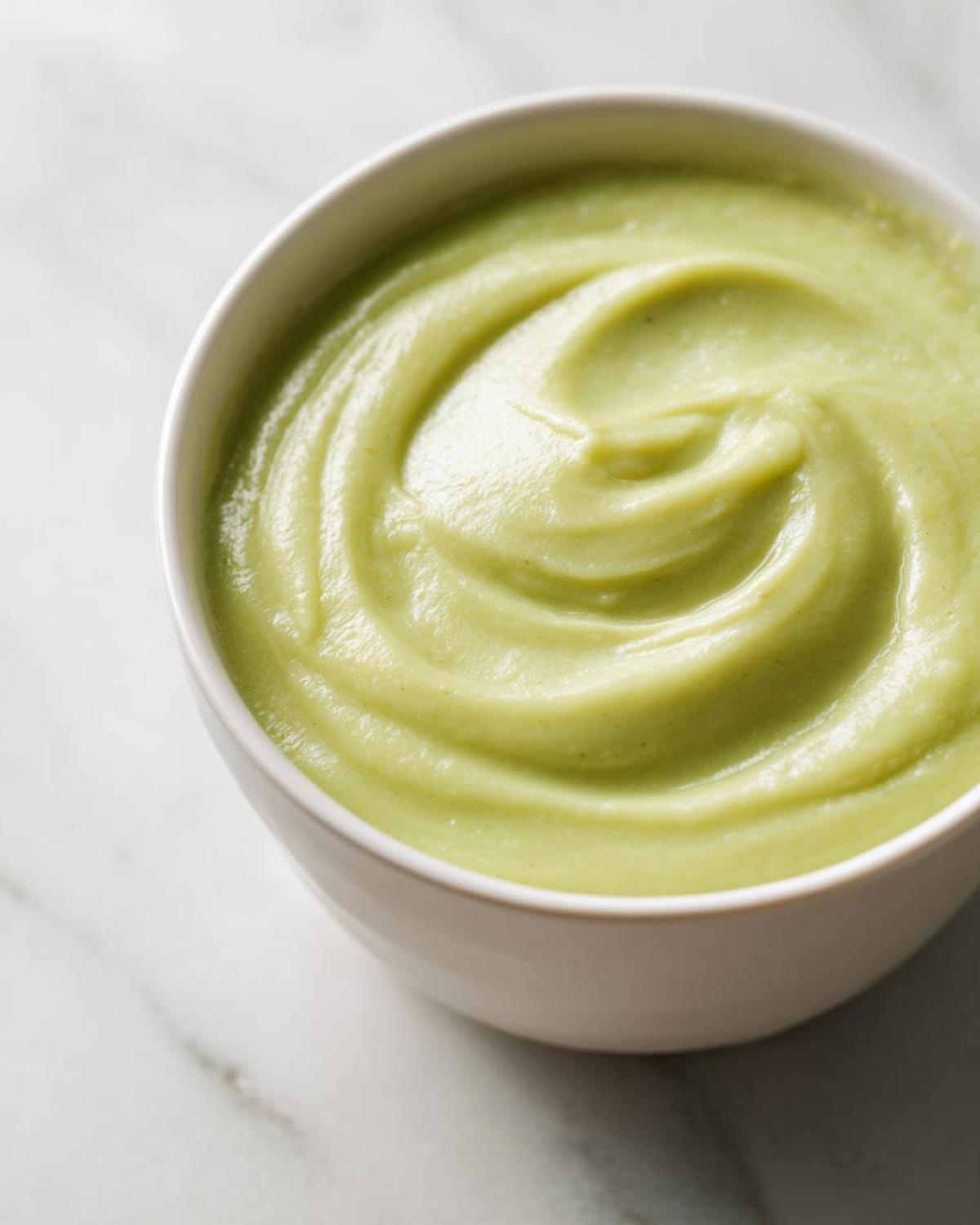 Close-up of thick, vibrant green Creamy Potato Leek Soup swirled in a white bowl on a marble surface.