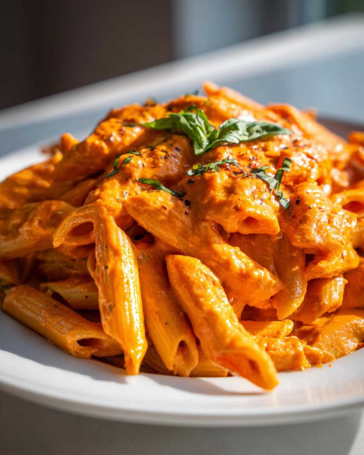 Close-up of penne pasta coated in vibrant orange Creamy Roasted Red Pepper Pasta sauce, garnished with fresh basil.
