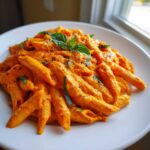 A close-up serving of penne pasta coated in bright orange Creamy Roasted Red Pepper Pasta sauce, garnished with fresh basil.