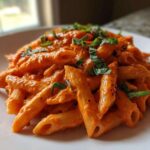 A close-up shot of penne pasta coated in a vibrant, creamy roasted red pepper pasta sauce, garnished with fresh basil.