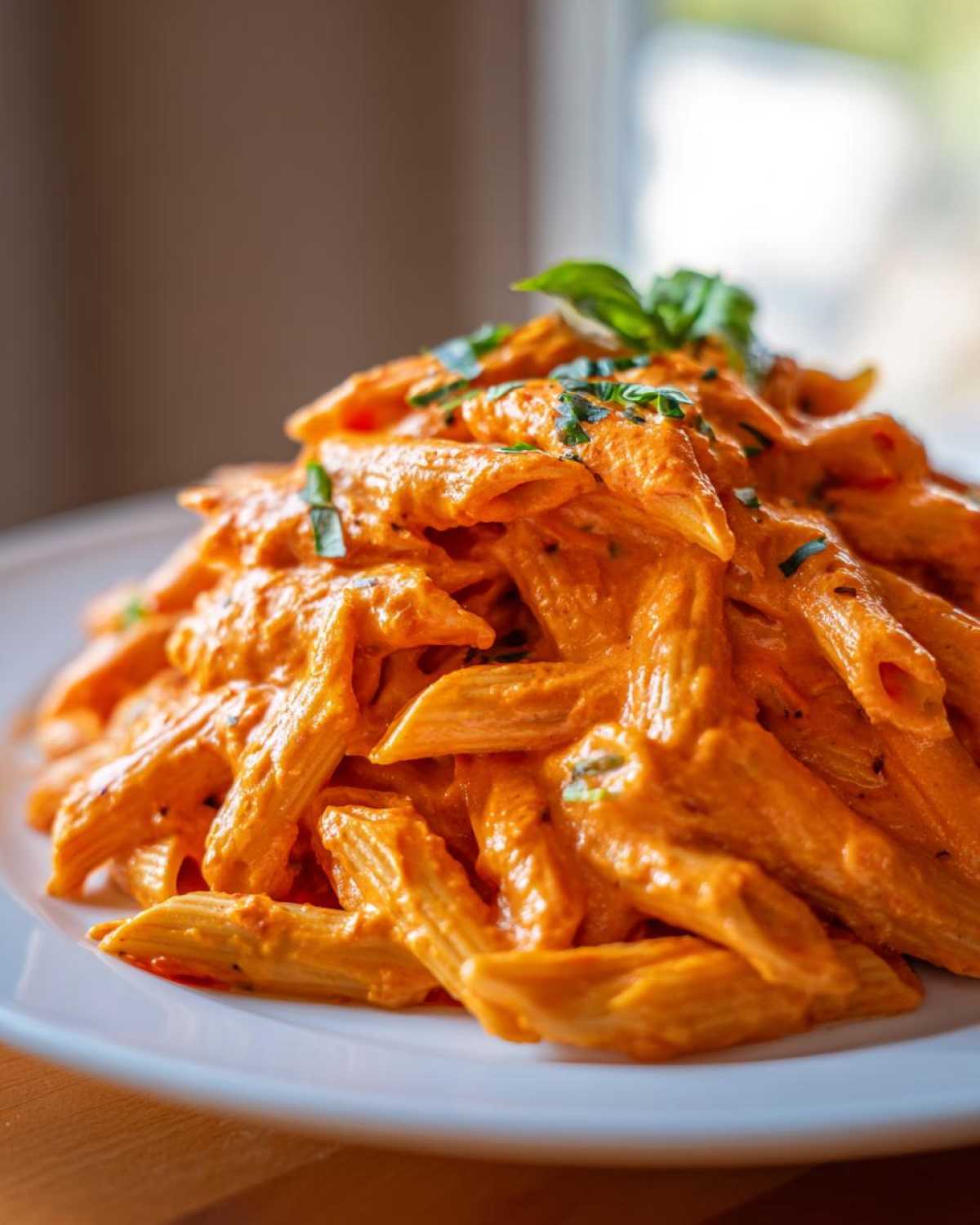 A generous serving of penne pasta coated in rich, orange Creamy Roasted Red Pepper Pasta sauce, garnished with fresh basil.