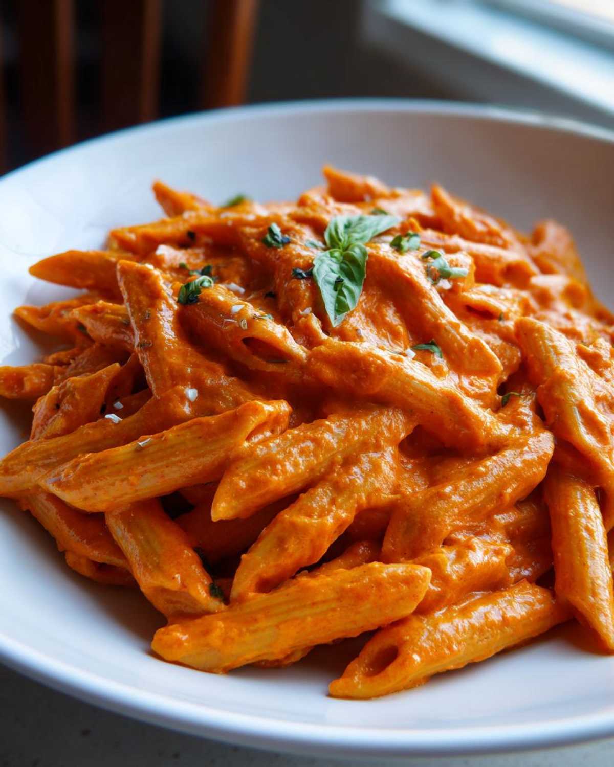 Close-up of penne pasta coated in a rich, orange-red sauce, garnished with fresh basil for Creamy Roasted Red Pepper Pasta.