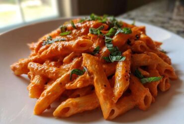 A close-up shot of penne pasta coated in a vibrant, creamy roasted red pepper pasta sauce, garnished with fresh basil.