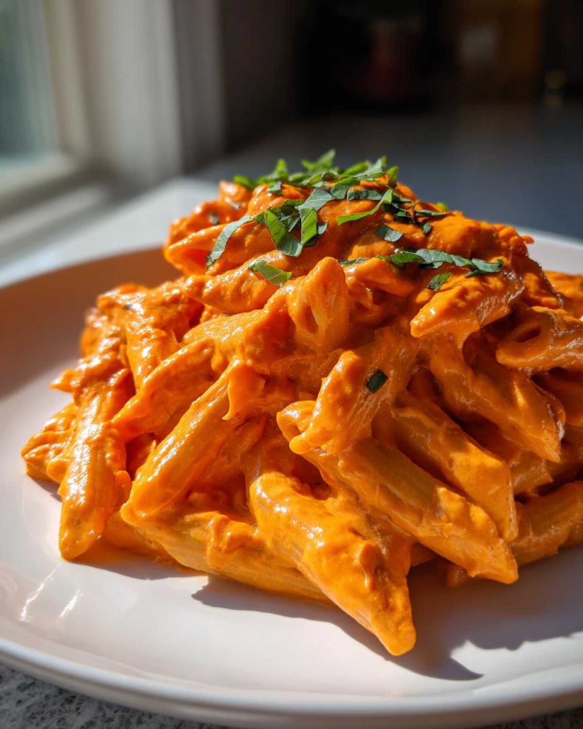 A close-up of penne pasta coated in rich, orange Creamy Roasted Red Pepper Pasta sauce, garnished with fresh basil.