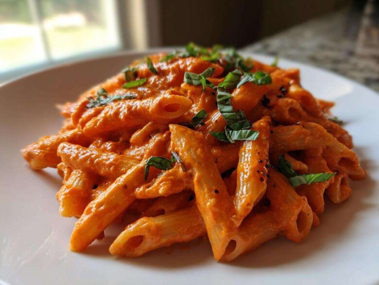 A close-up shot of penne pasta coated in a vibrant, creamy roasted red pepper pasta sauce, garnished with fresh basil.