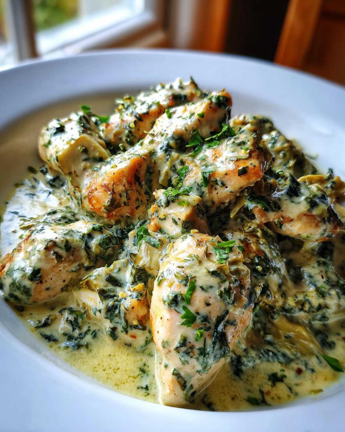 Close-up of seared chicken breasts smothered in a rich, creamy spinach artichoke sauce, ready to eat.