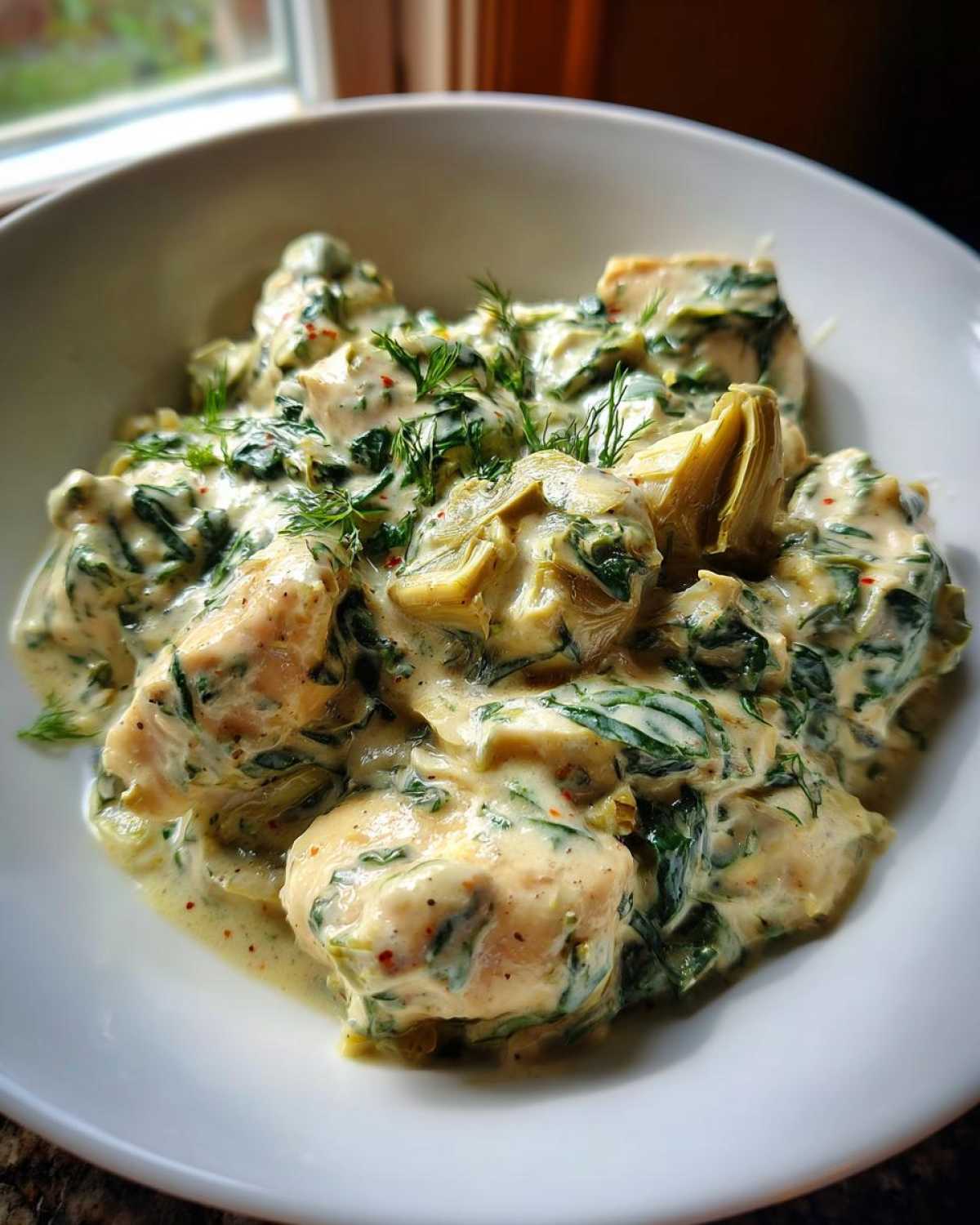 Chunks of chicken coated in a rich, creamy sauce with spinach and artichoke hearts, garnished with dill.