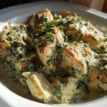 Close-up of tender chicken pieces smothered in a rich, creamy spinach and artichoke sauce, part of the Creamy Spinach Artichoke Chicken Skillet.