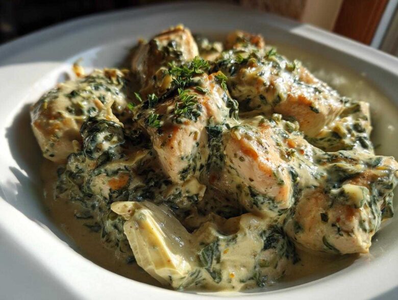 Close-up of tender chicken pieces smothered in a rich, creamy spinach and artichoke sauce, part of the Creamy Spinach Artichoke Chicken Skillet.