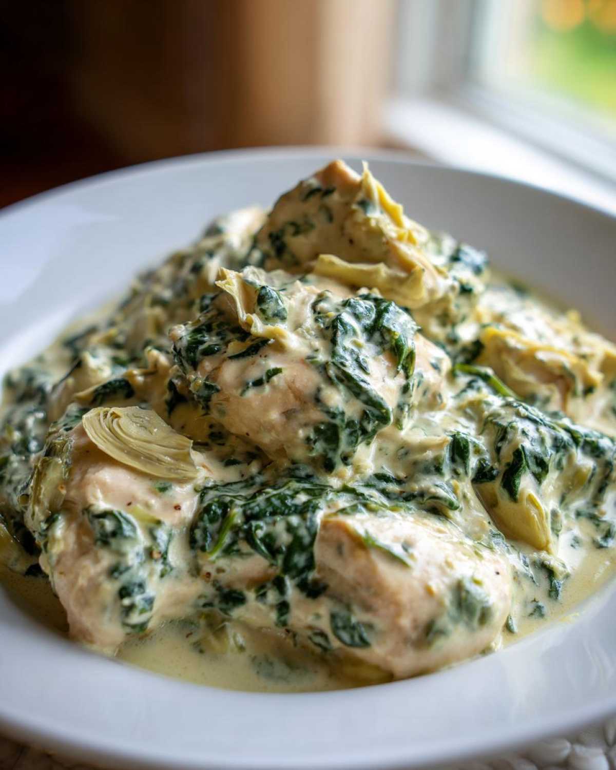Close-up of tender chicken pieces smothered in a rich, creamy spinach artichoke sauce in a white bowl.