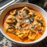 A close-up of a white bowl filled with rich Creamy Tomato Tortellini Soup, topped with fresh basil and grated Parmesan cheese.