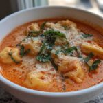 Close-up of a white bowl filled with rich Creamy Tomato Tortellini Soup, topped with grated Parmesan and fresh basil.